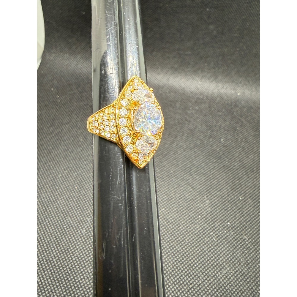 Gold Tone Marquise Crystal Cocktail Statement Ring Size 7.25 Clear Pavé Accent